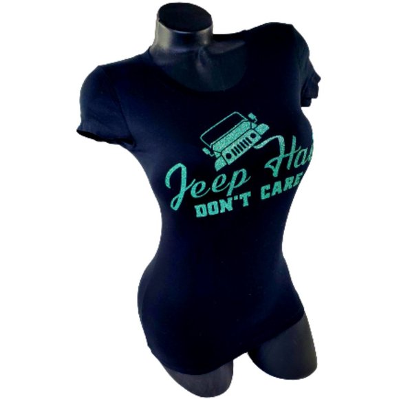 Jeep Hair Don't Care Fitted Spandex Tee ~Jade Shiny Lettering. New!!! - Picture 2 of 4